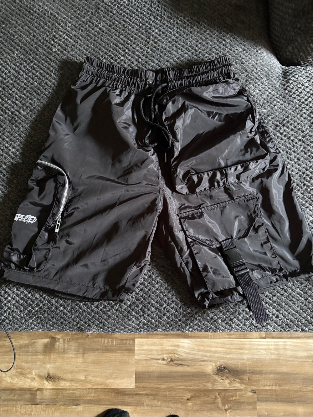 Men's Black Cargo Shorts with Buckle Strap and Zip Pockets